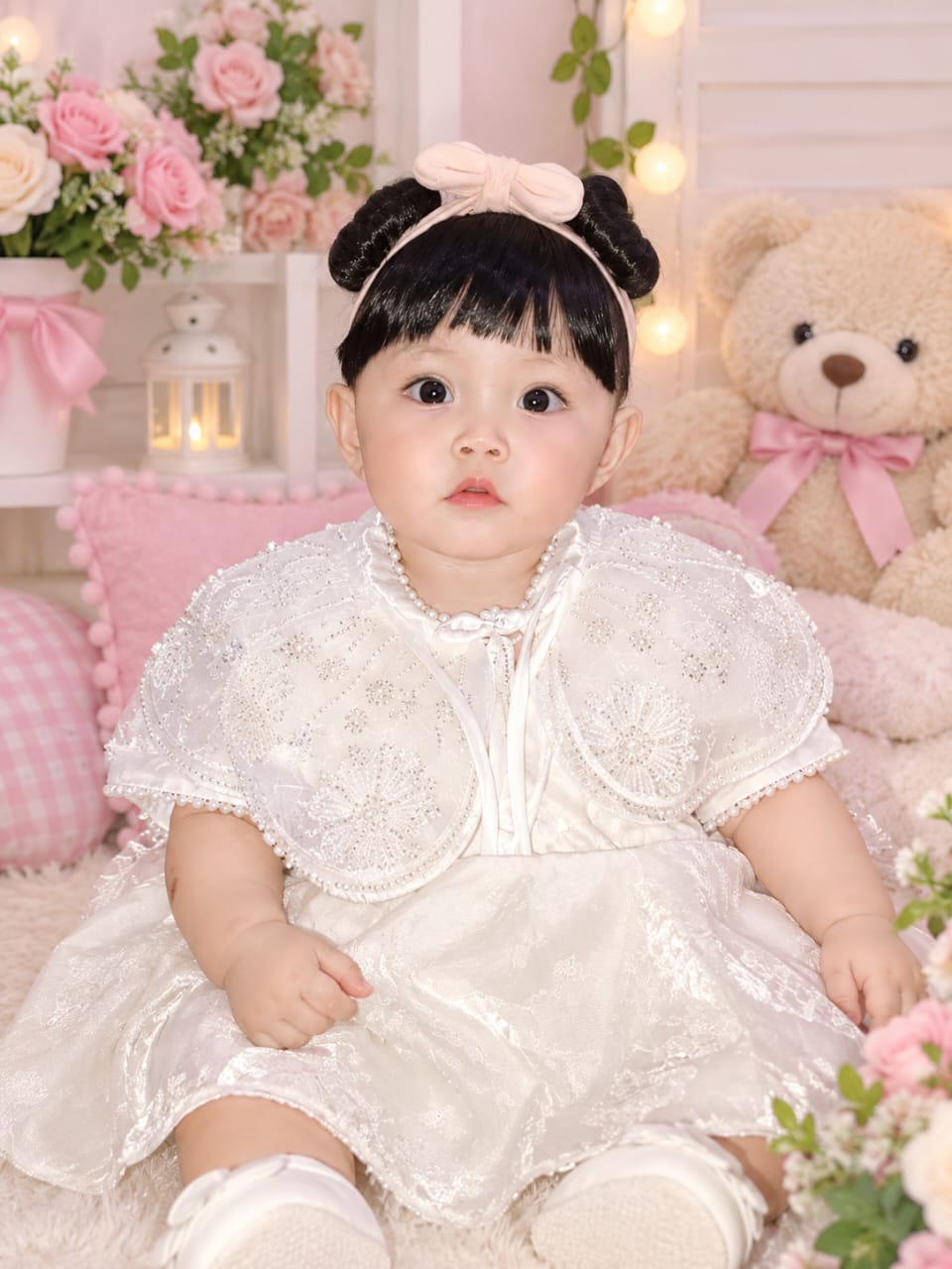 Viviene mengenakan gaun putih